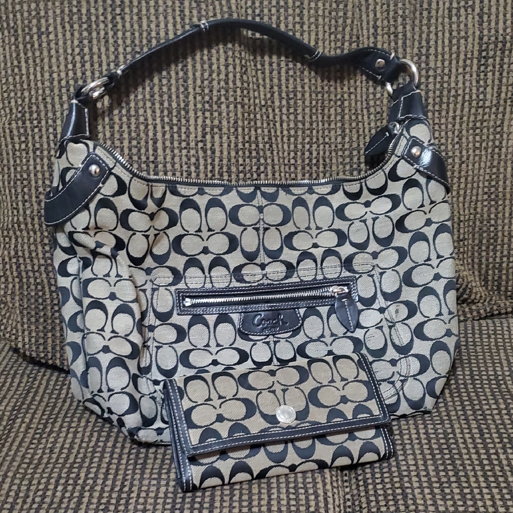 Coach Black and Tan Signature Shoulder Bag